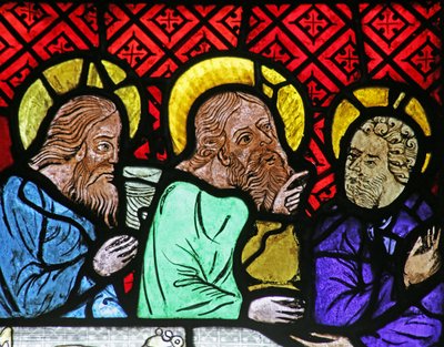 Vindue med tre skikkelser ved brylluppet i Cana af French School